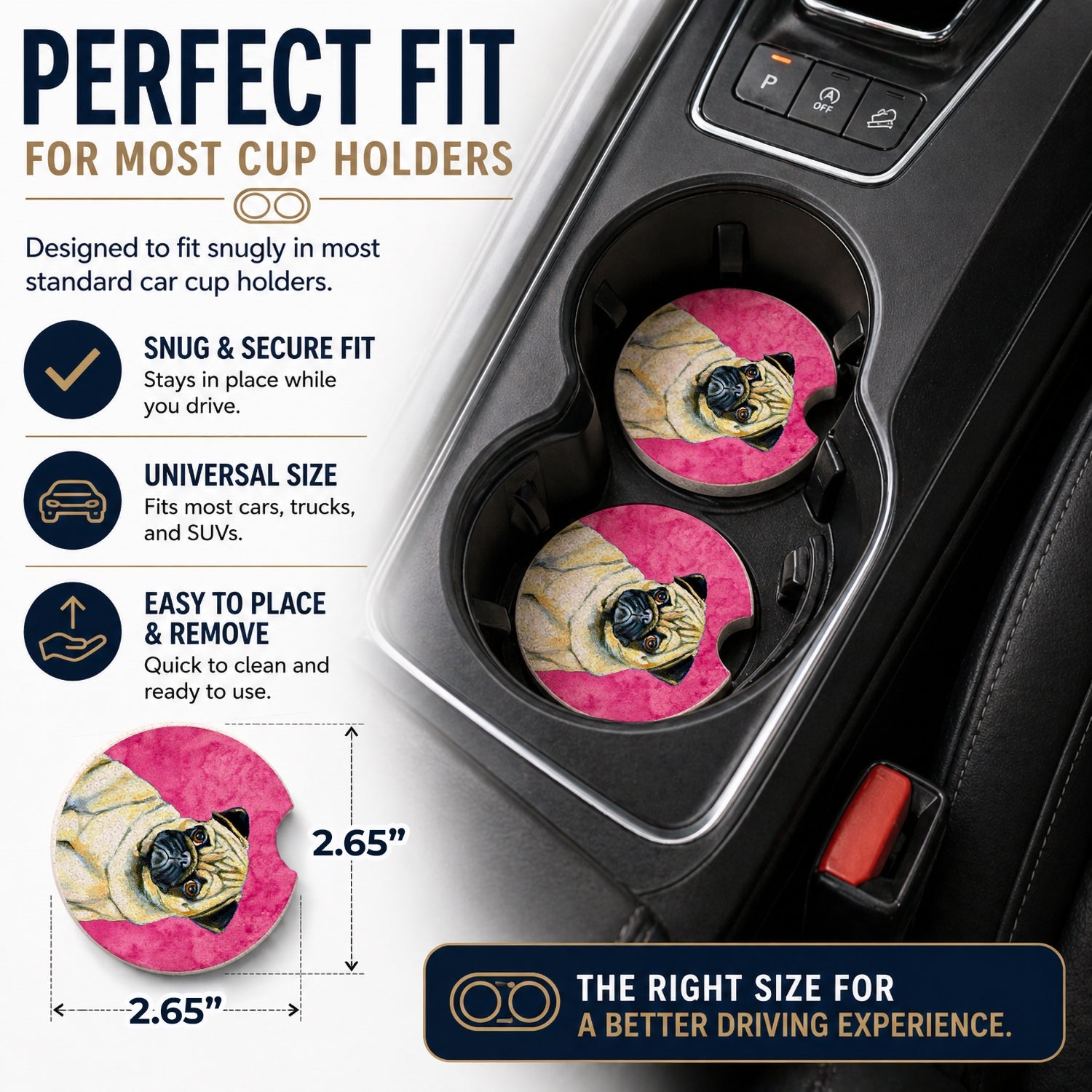 Pink Pug Set of 2 Cup Holder Car Coasters Absorbent Round Sandstone Coasters Gifts for Men or Women, 2.5, Multicolor