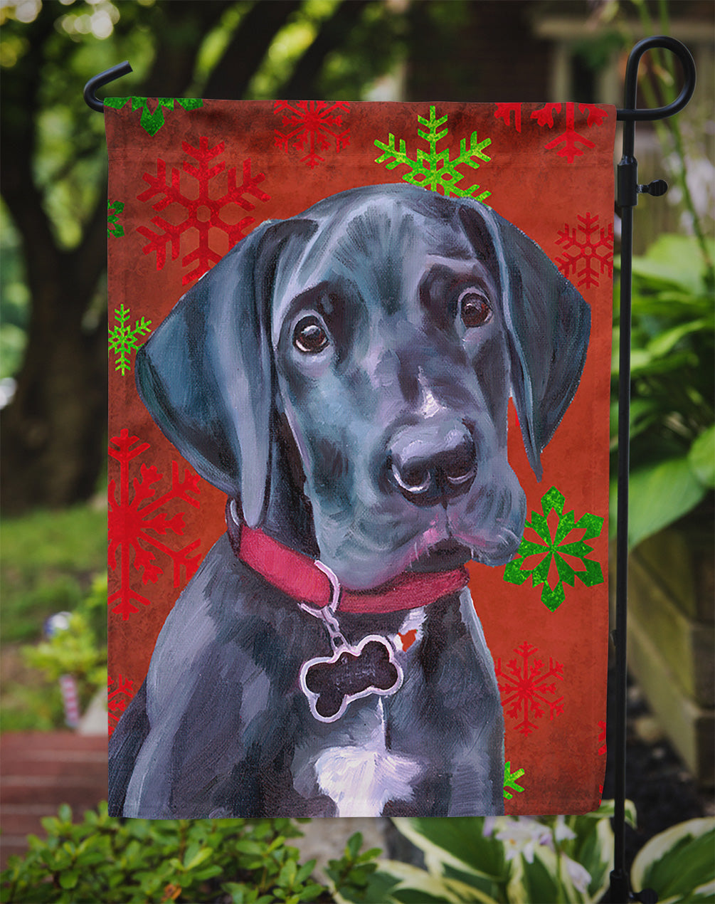 Black Great Dane Puppy Red Snowflakes Holiday Christmas Garden Flag Mailbox Decorative Yard Banner Outside Patio Artwork for Flower Beds, Garden Size, Multicolor