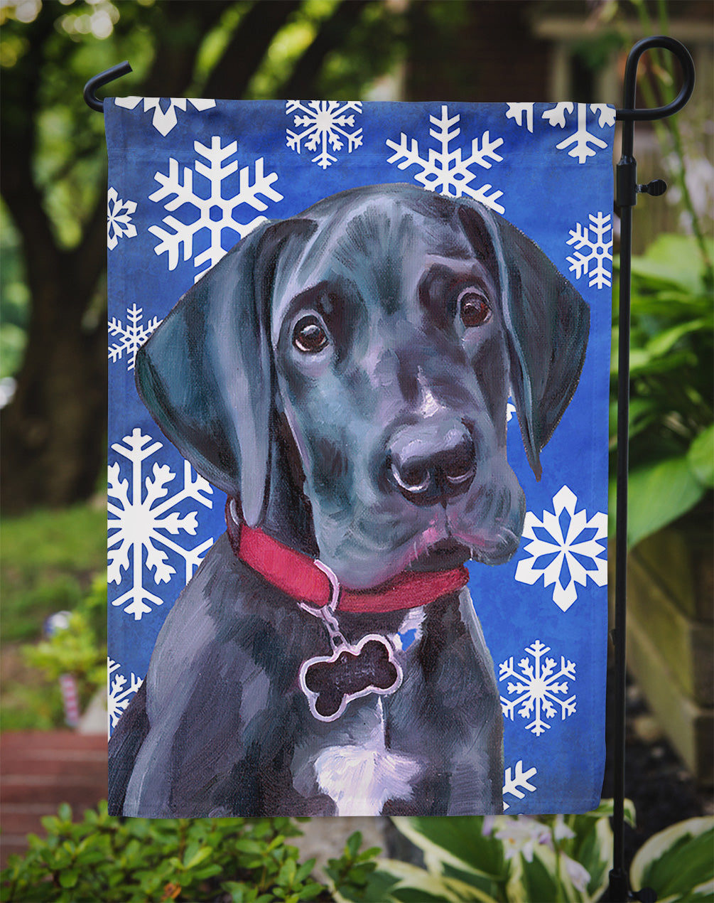 Black Great Dane Puppy Winter Snowflakes Holiday Garden Flag Mailbox Decorative Yard Banner Outside Patio Artwork for Flower Beds, Garden Size, Multicolor