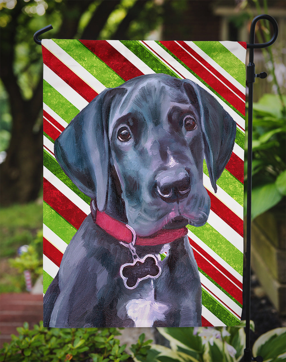 Black Great Dane Puppy Candy Cane Holiday Christmas Garden Flag Mailbox Decorative Yard Banner Outside Patio Artwork for Flower Beds, Garden Size, Multicolor