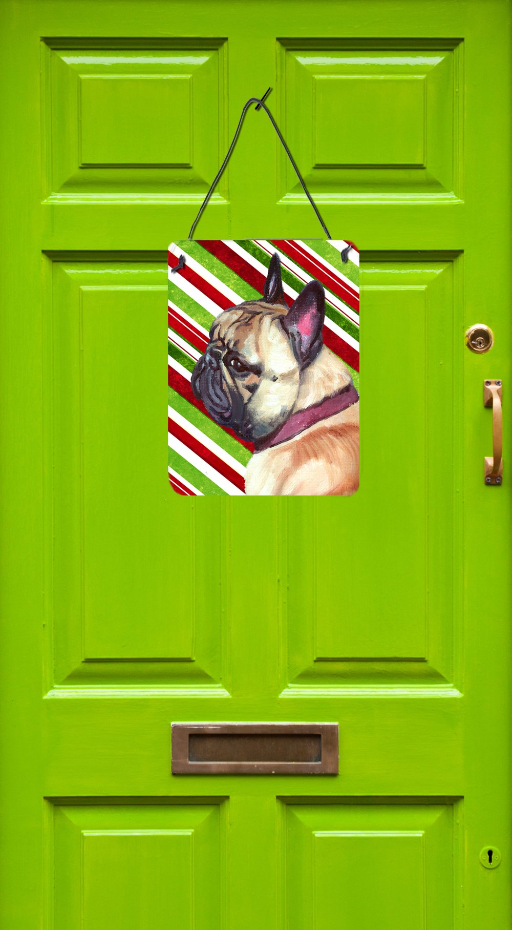 French Bulldog Frenchie Candy Cane Holiday Christmas Wall or Door Hanging Prints Aluminum Metal Sign Kitchen Wall Bar Bathroom Plaque Home Decor Front Door Plaque, 12x16, Multicolor