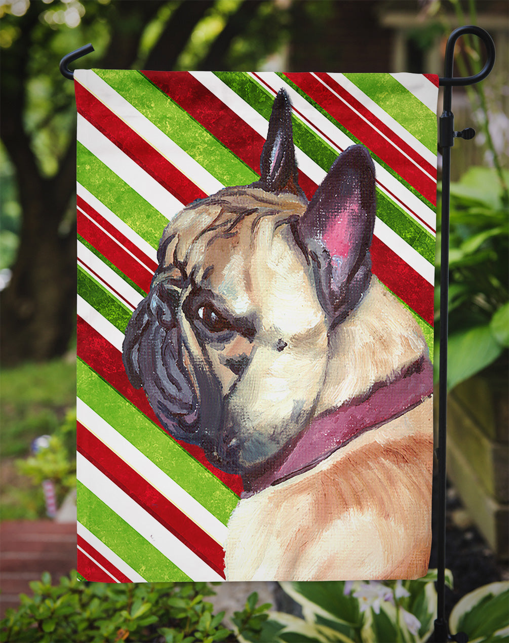 French Bulldog Frenchie Candy Cane Holiday Christmas Garden Flag Mailbox Decorative Yard Banner Outside Patio Artwork for Flower Beds, Garden Size, Multicolor