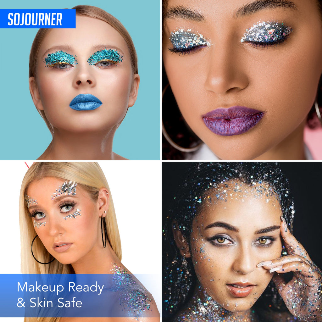 Fairy Tears Chunky Holographic Body Glitter I 16 Colors + Glitter Glue for Face Glitter Makeup, Hair, Eye & Fine Glitter Eyeshadow - Perfect for Halloween, Resin, Tumblers, Craft, Cosmetic & Nail Art