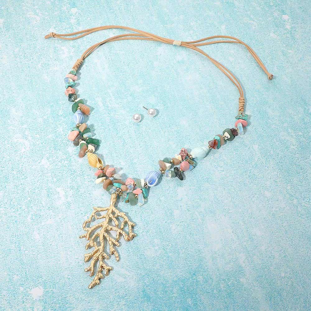 Coral Branch Pendant Beaded Adjustable Cinch Pull Tie Statement Long Necklace