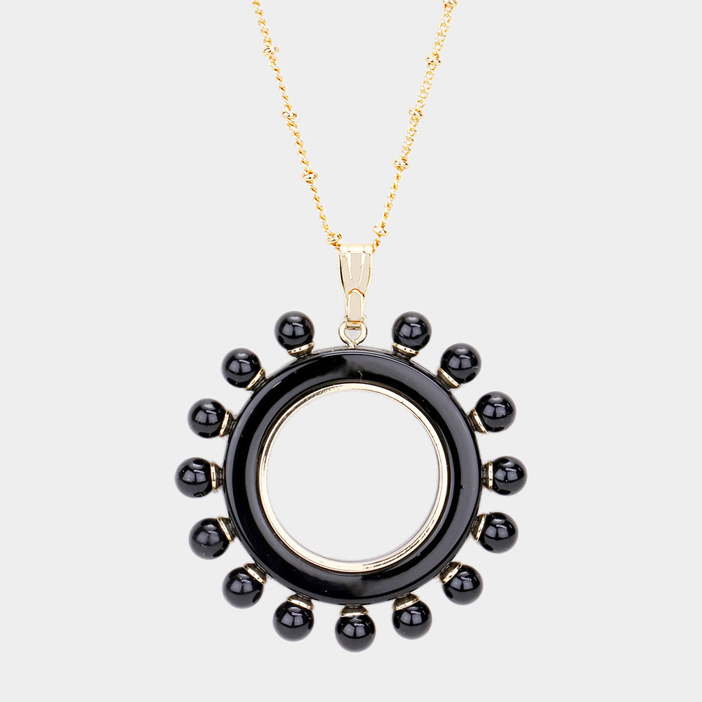 Pearl Detail Celluloid Acetate Open Circle Pendant Necklace