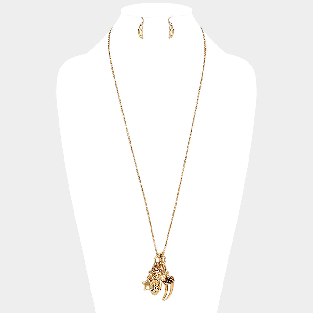 Metal elephant & horn multi-charm long necklace