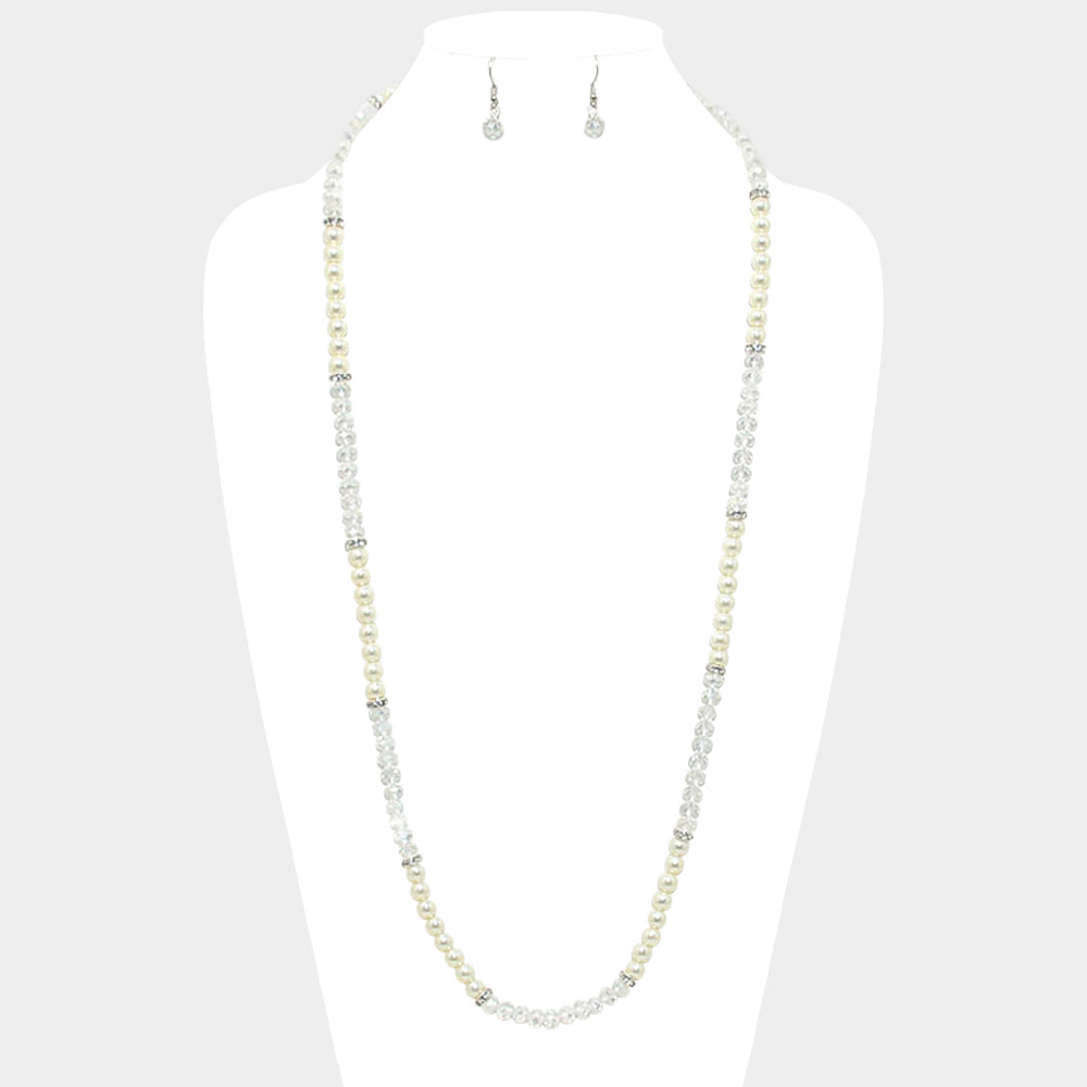 Metallic Bead & Pearl Long Necklace