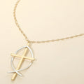 Two Tone Metal Cross Fish Symbol Pendant Long Necklace
