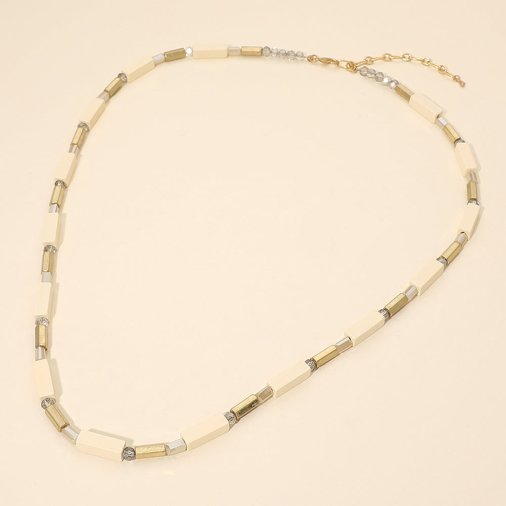 Structured Wooden Metal Bar Beaded Long Necklace