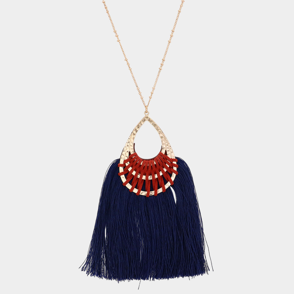 Fan Tassel Hammered Teardrop Pendant Long Necklace