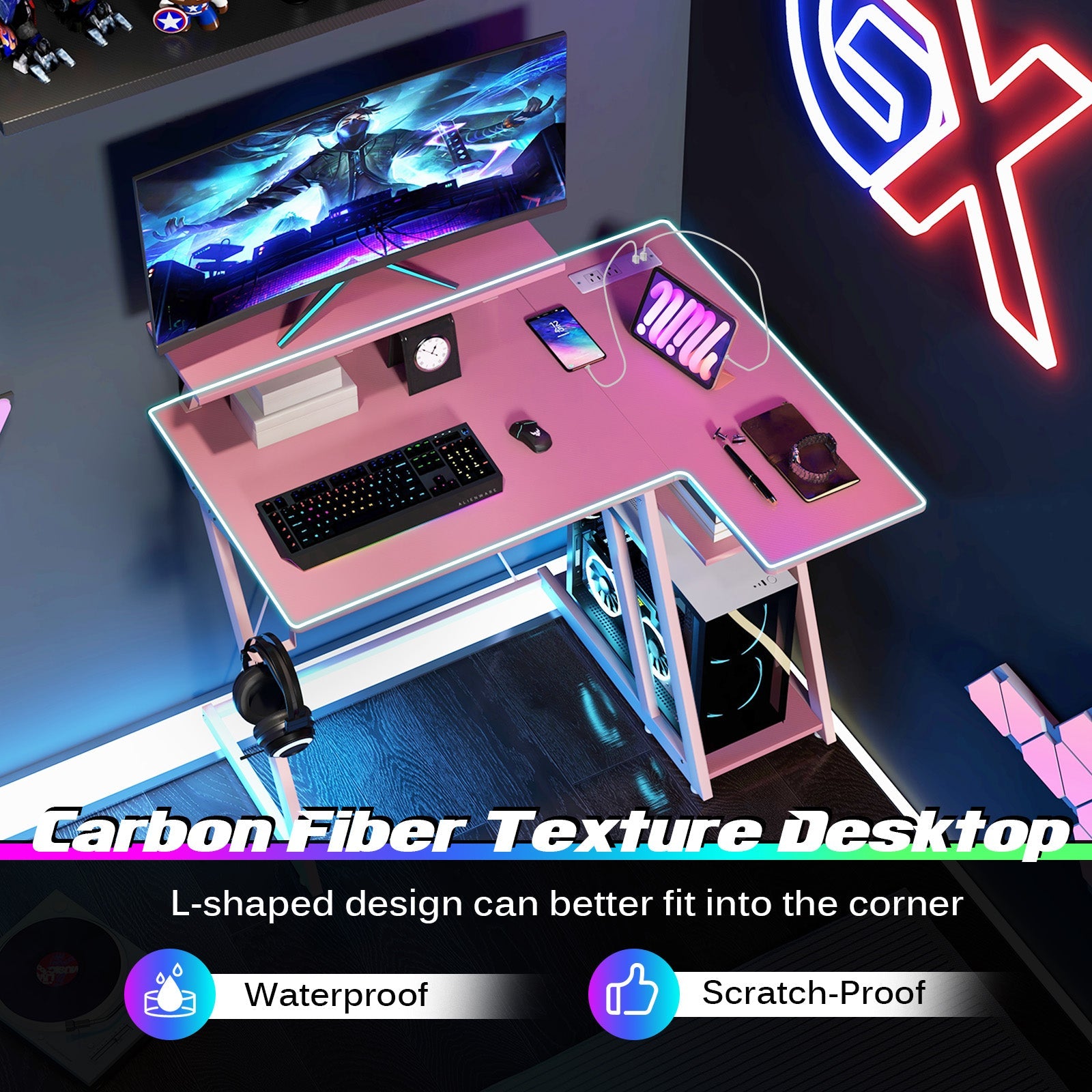 L Shaped Gaming Desk with Outlets and USB Ports