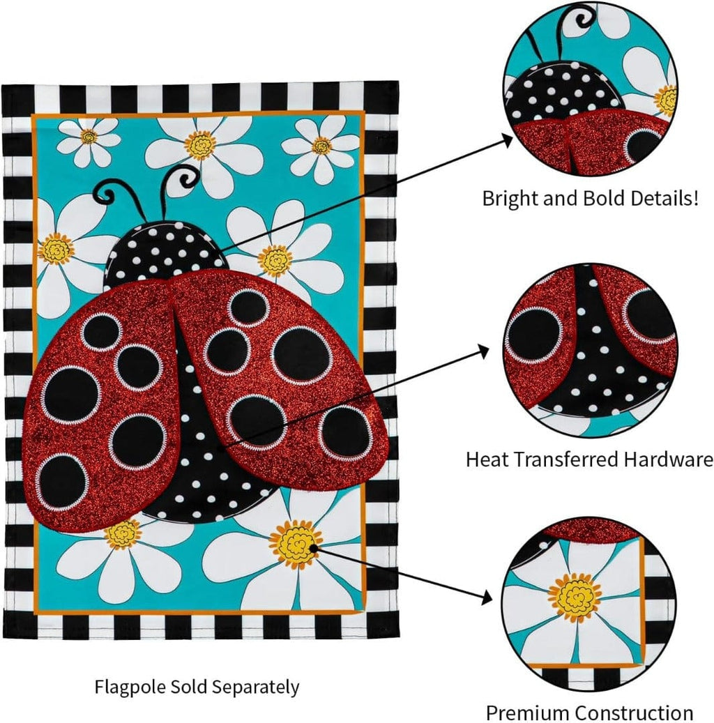 Ladybug with Daisies Garden Flag 2 Sided Applique