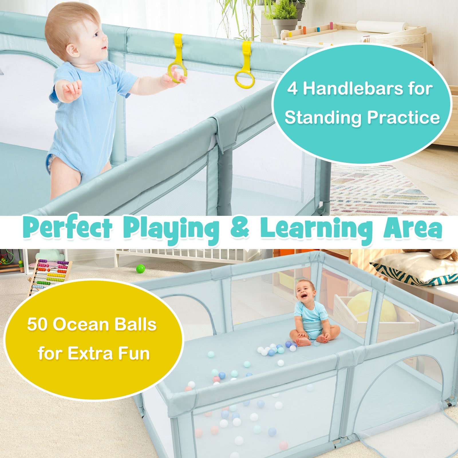 Large Infant Baby Playpen Safety Play Center Yard with 50 Ocean Balls-Blue