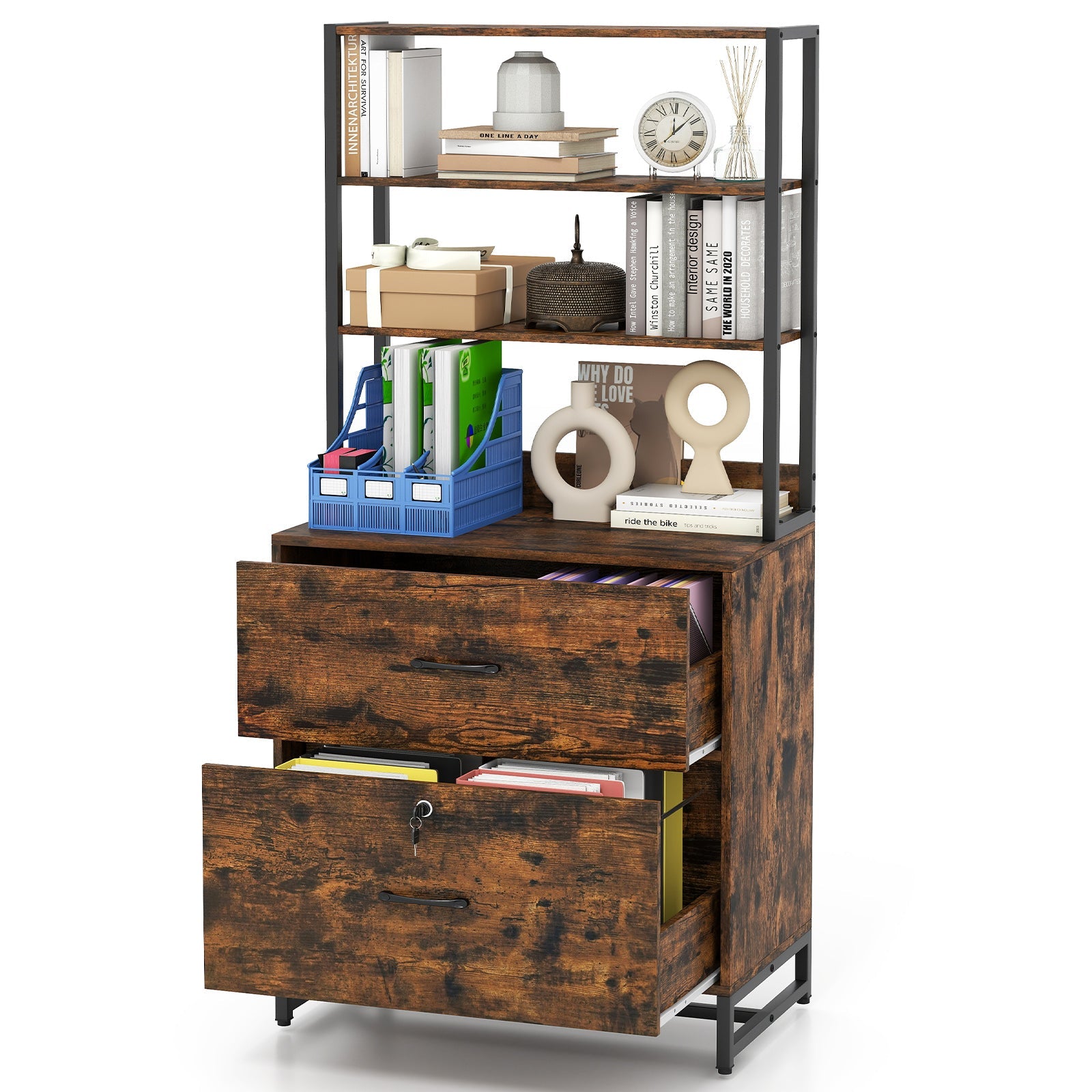 Letter Size Lateral File Cabinet with Lock and Bookshelf-Rustic Brown