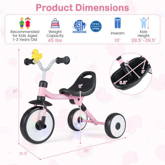 Glowing Wheels Toddler Tricycle  Foldable Kids Trike with Basket and Duck Bell