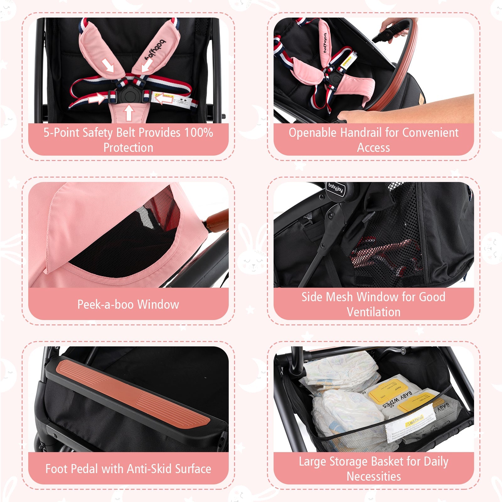 Lightweight Aluminium Frame Baby Stroller with Net-Pink