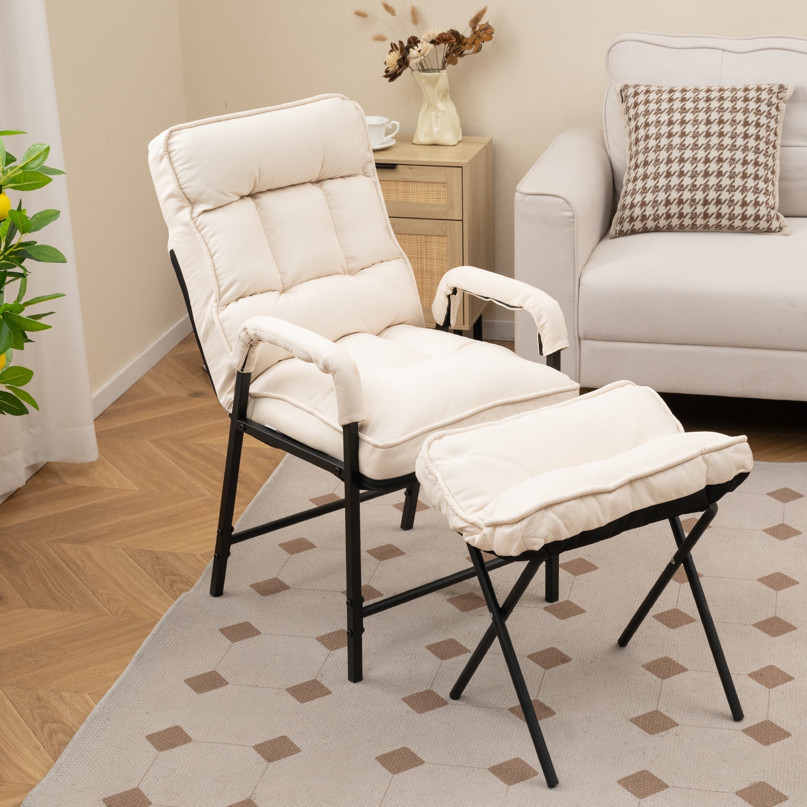 Linen Fabric Modern Accent Chair with Ottoman and Adjustable Backrest