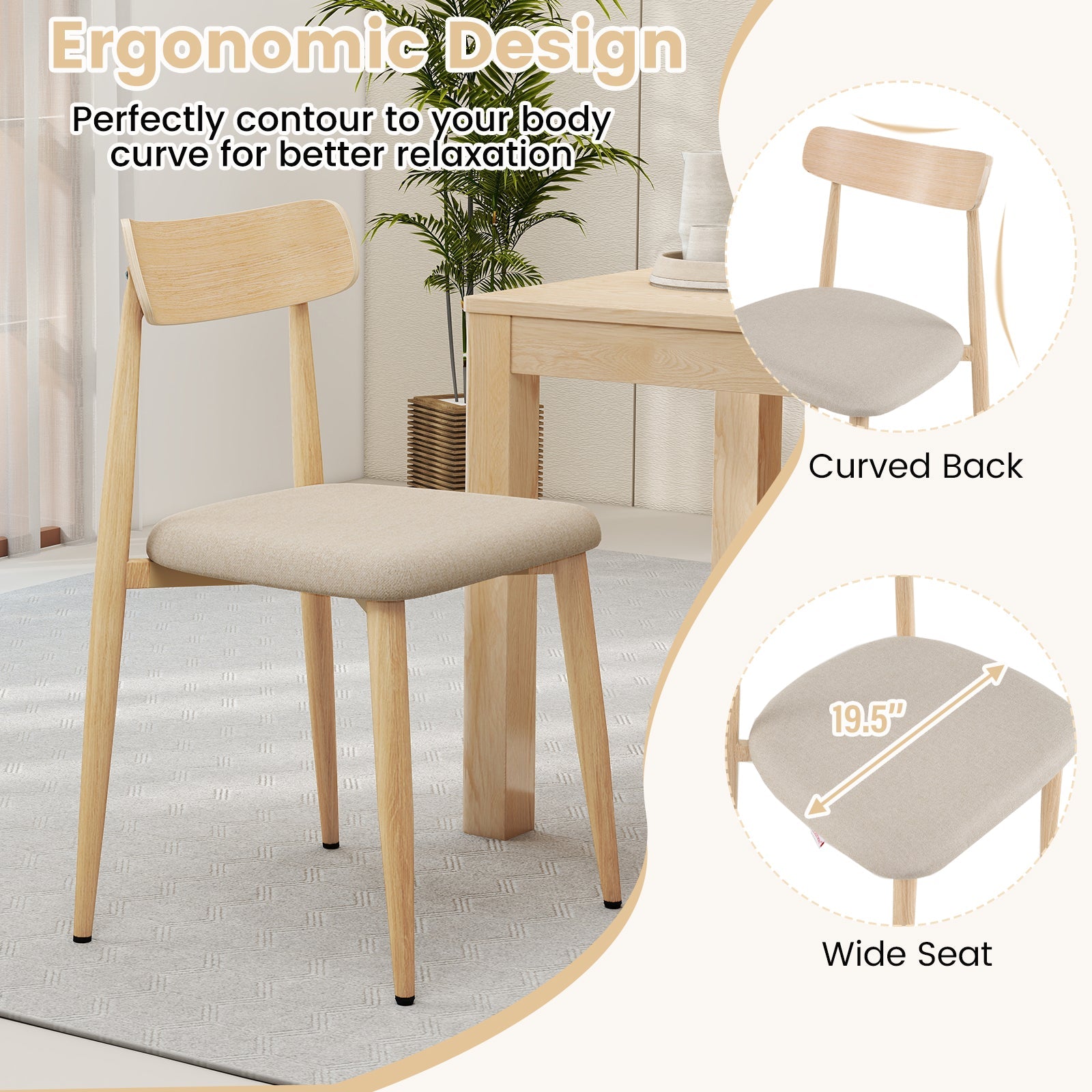 Linen Fabric Upholstered Modern Dining Chair Set of 4 with Padded Seat and Curved Back-Oak