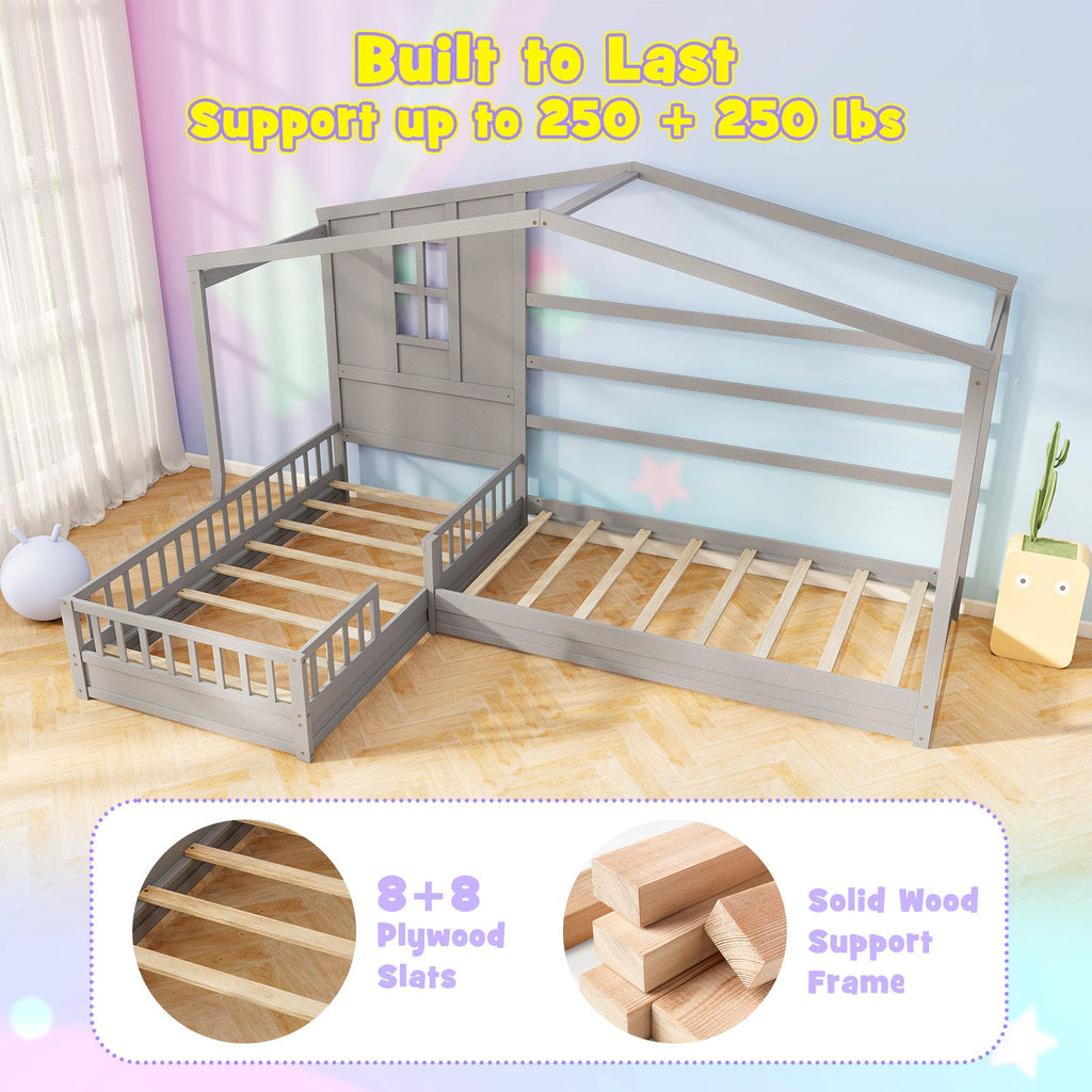 L-shaped Double Twin Beds House Platform Beds with Fences Corner Bed Frame-Gray