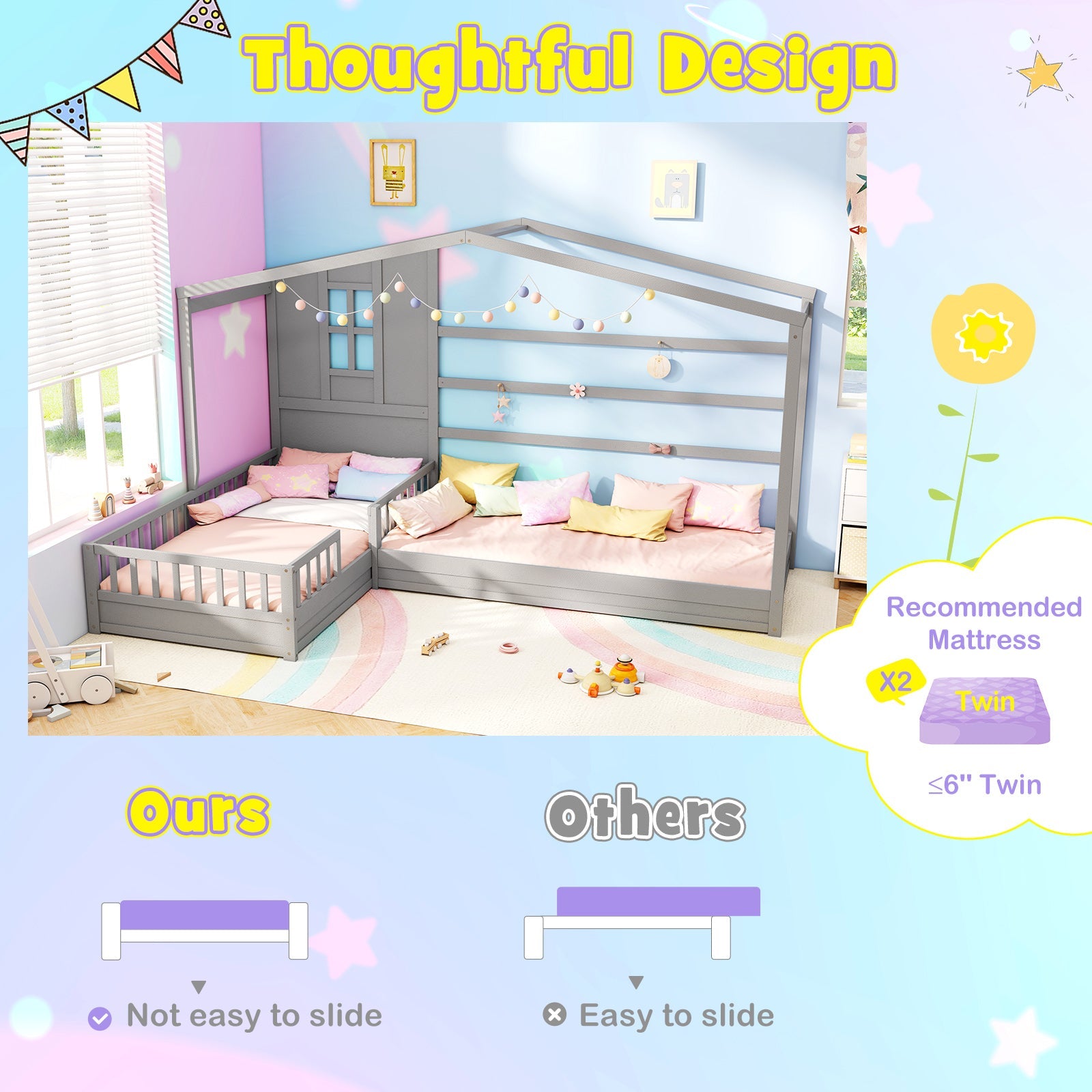 L-shaped Double Twin Beds House Platform Beds with Fences Corner Bed Frame-Gray