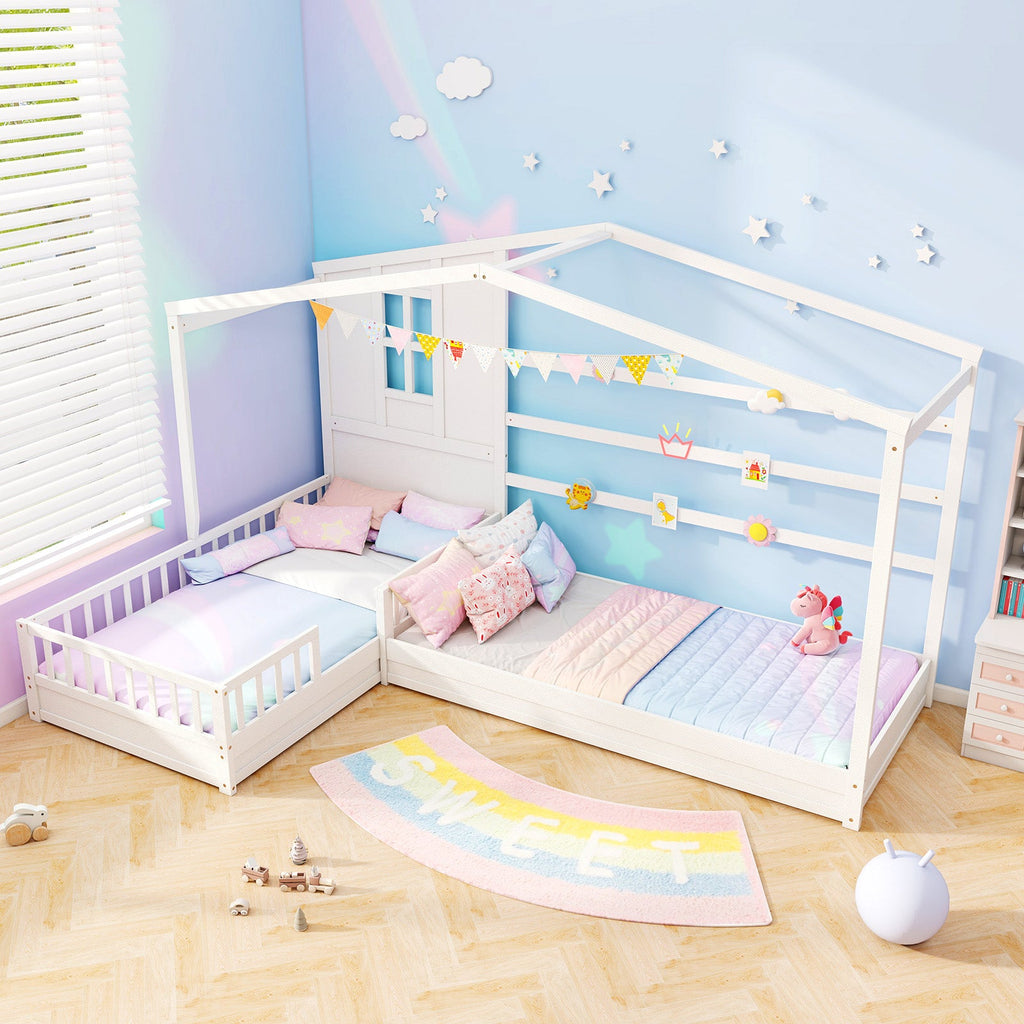 L-shaped Double Twin Beds House Platform Beds with Fences Corner Bed Frame-White