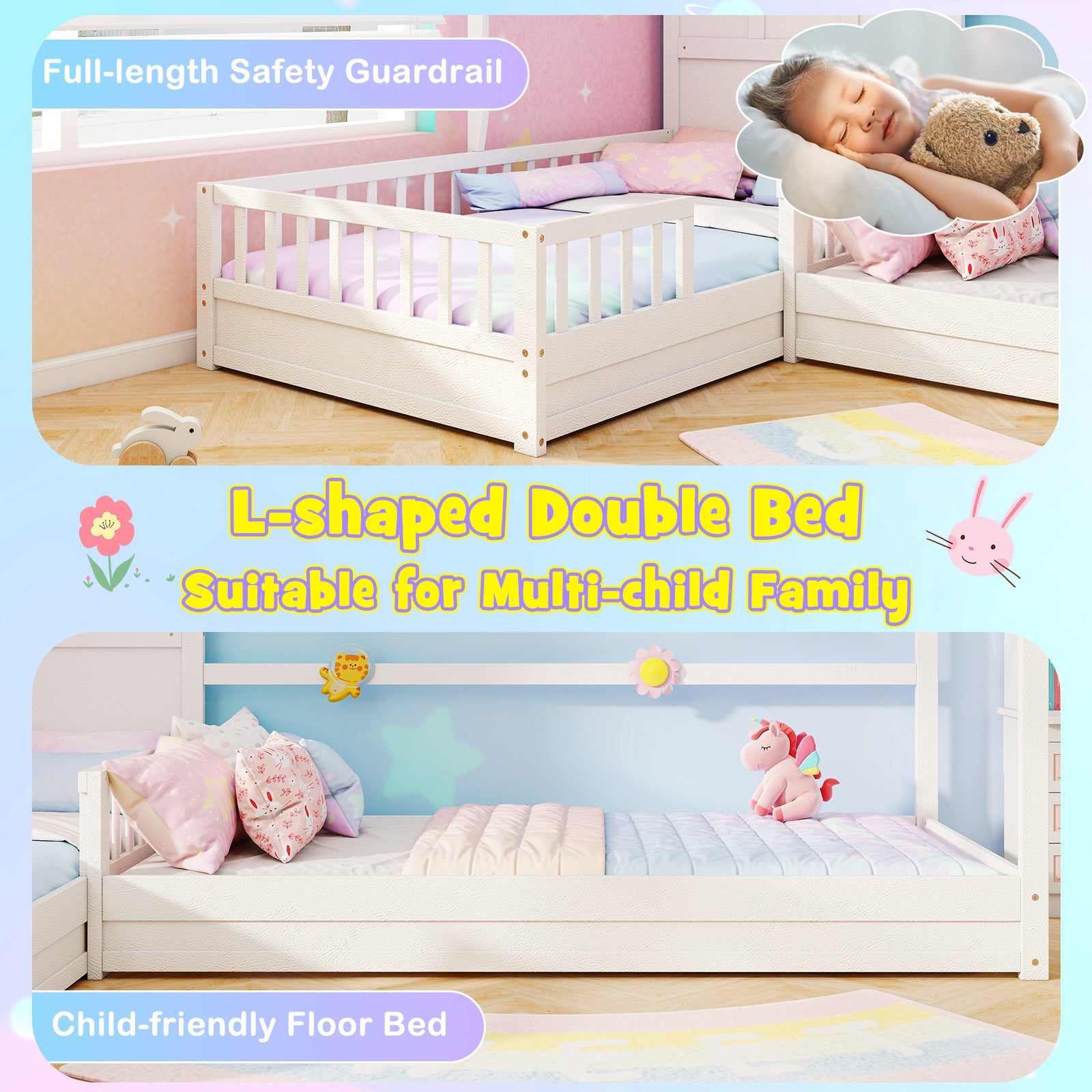 L-shaped Double Twin Beds House Platform Beds with Fences Corner Bed Frame-White