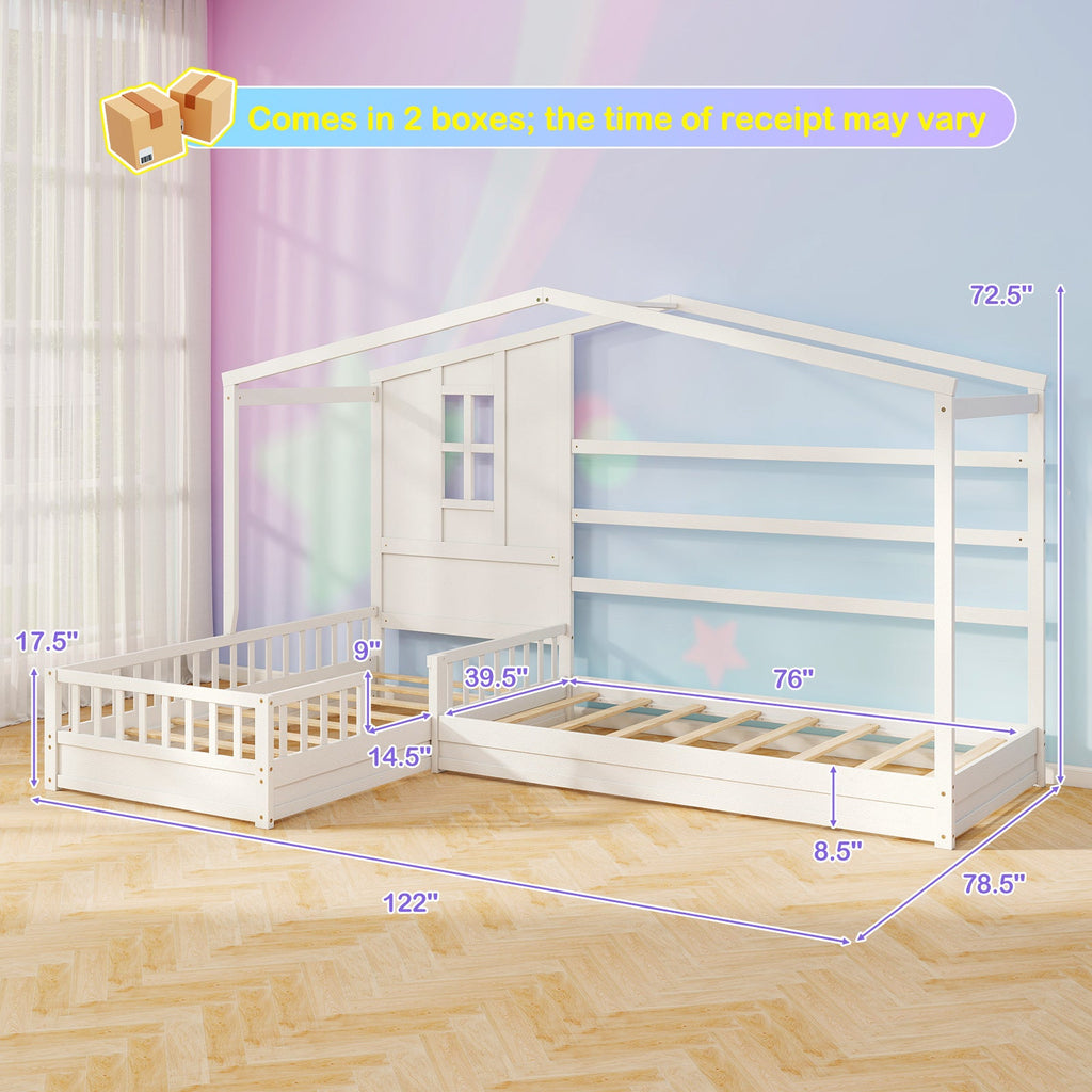 L-shaped Double Twin Beds House Platform Beds with Fences Corner Bed Frame-White