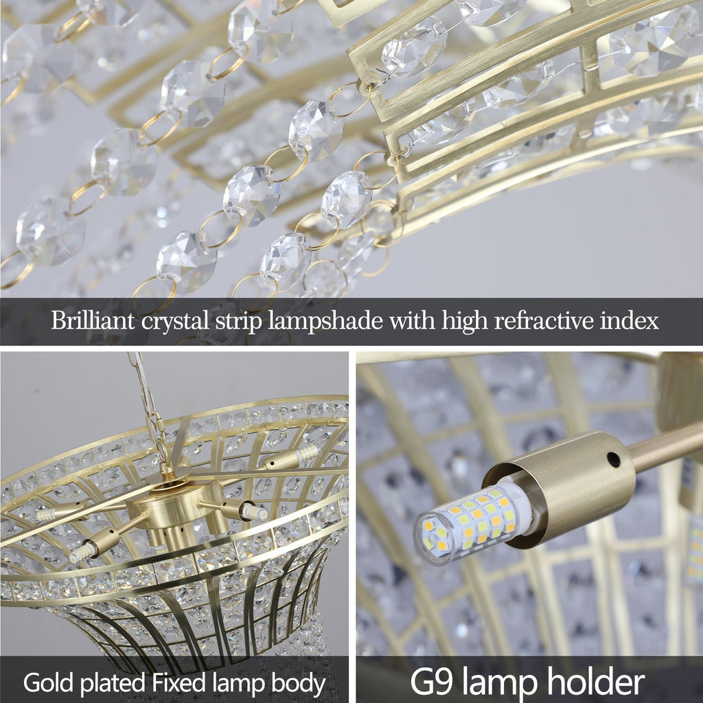 K9 Crystal Chandelier with Cascading Octagonal Beads | 8-Light Gold Modern Ceiling Light — Round 24" or Rectangular 39", Adjustable Height