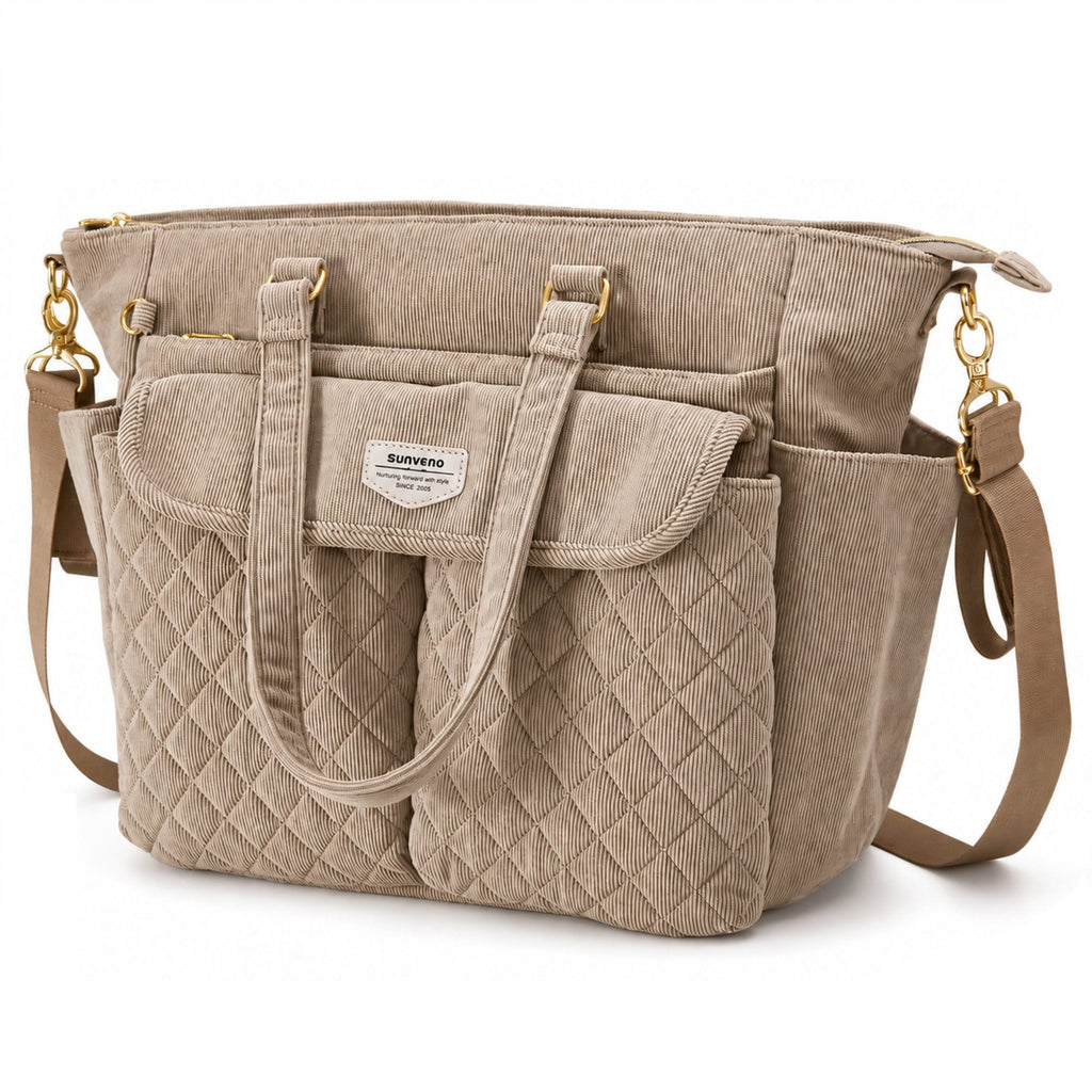 SUNVENO Corduroy Quilted Diaper Bag Tote