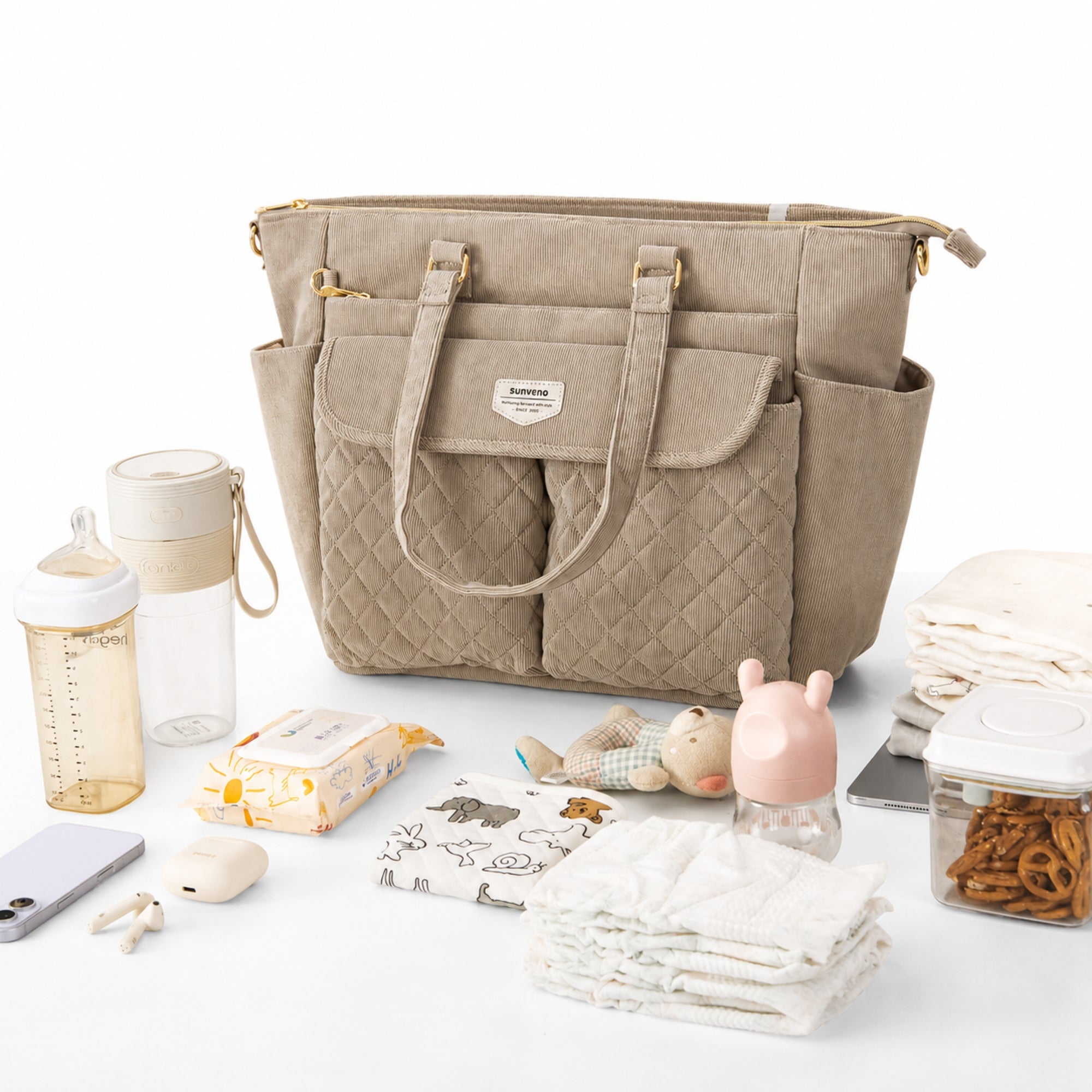SUNVENO Corduroy Quilted Diaper Bag Tote
