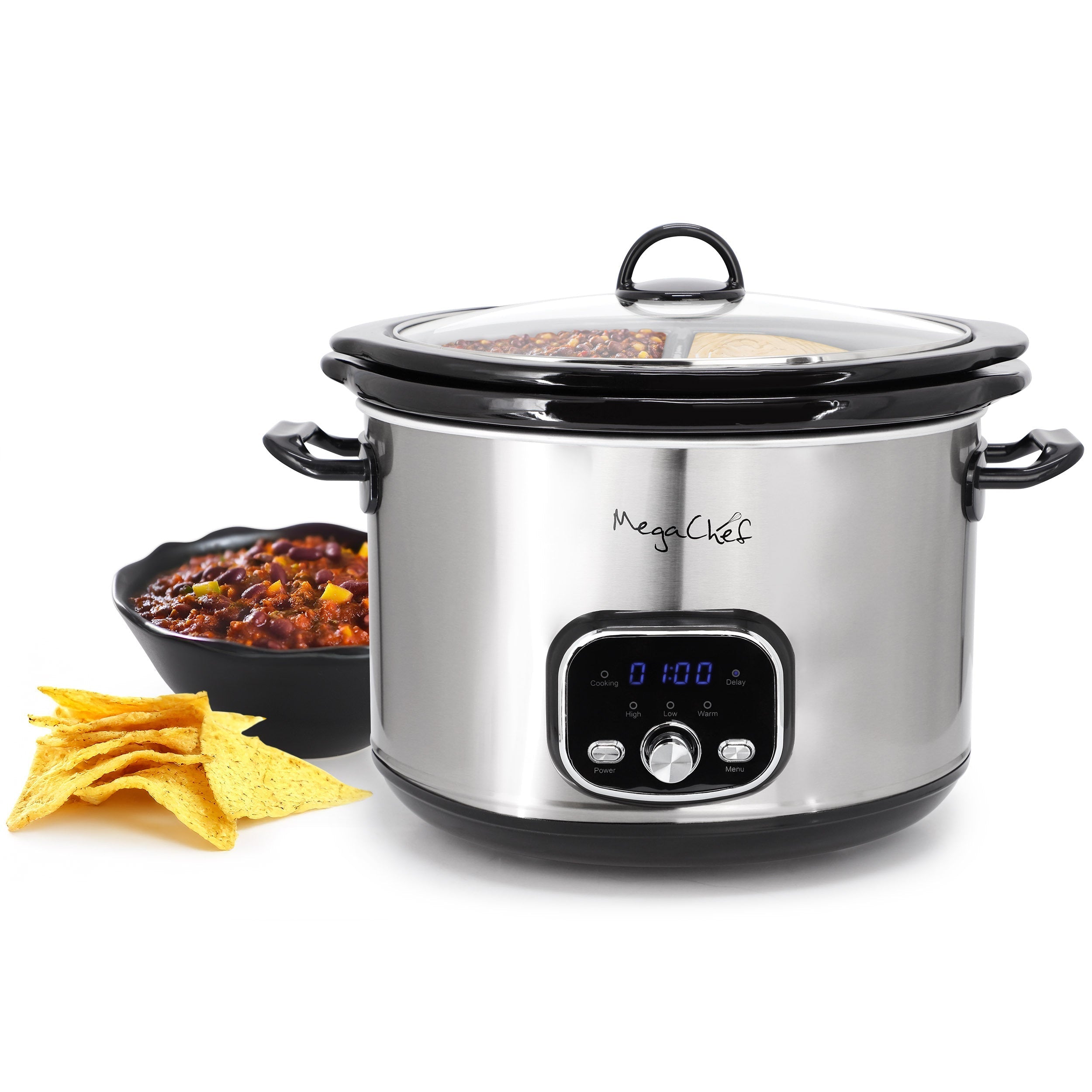 MegaChef 6 Quart + 2.6 Quart Split Stainless Steel Electric Slow Cooker in SIlver