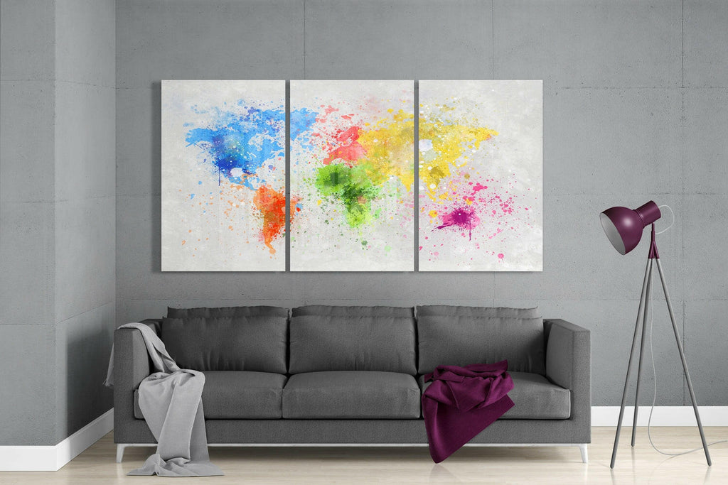 Watercolor Splatter World Map Glass Wall Art