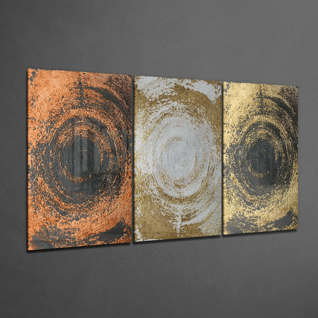 Copper Silver Gold Swirl Circles Trio Glass Art