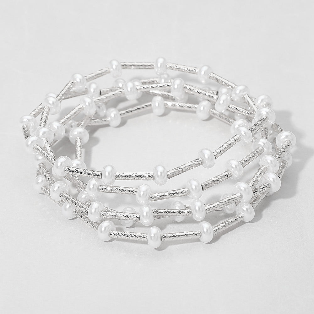 5PCS - Flat Pearl Textured Metal Bar Beaded Stretch Multi Layered Bracelets