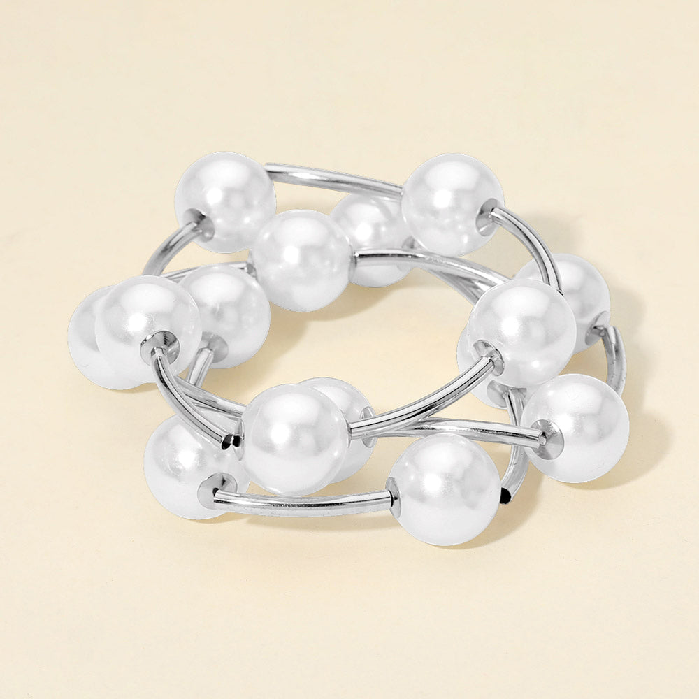 3PCS - Pearl Ball and Bar Beaded Stretch Multi Layered Bracelets