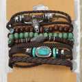 6PCS - Unisex Western Theme Steerhead Turquoise Charm Accent Adjustable Wood Beaded Stretch Multi Layered Bracelets