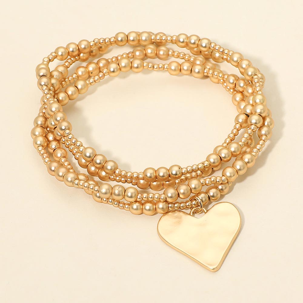 4PCS - Brushed Hammered Metal Heart Plate Charm Accent Metal Ball Beaded Stretch Multi Layered Bracelets