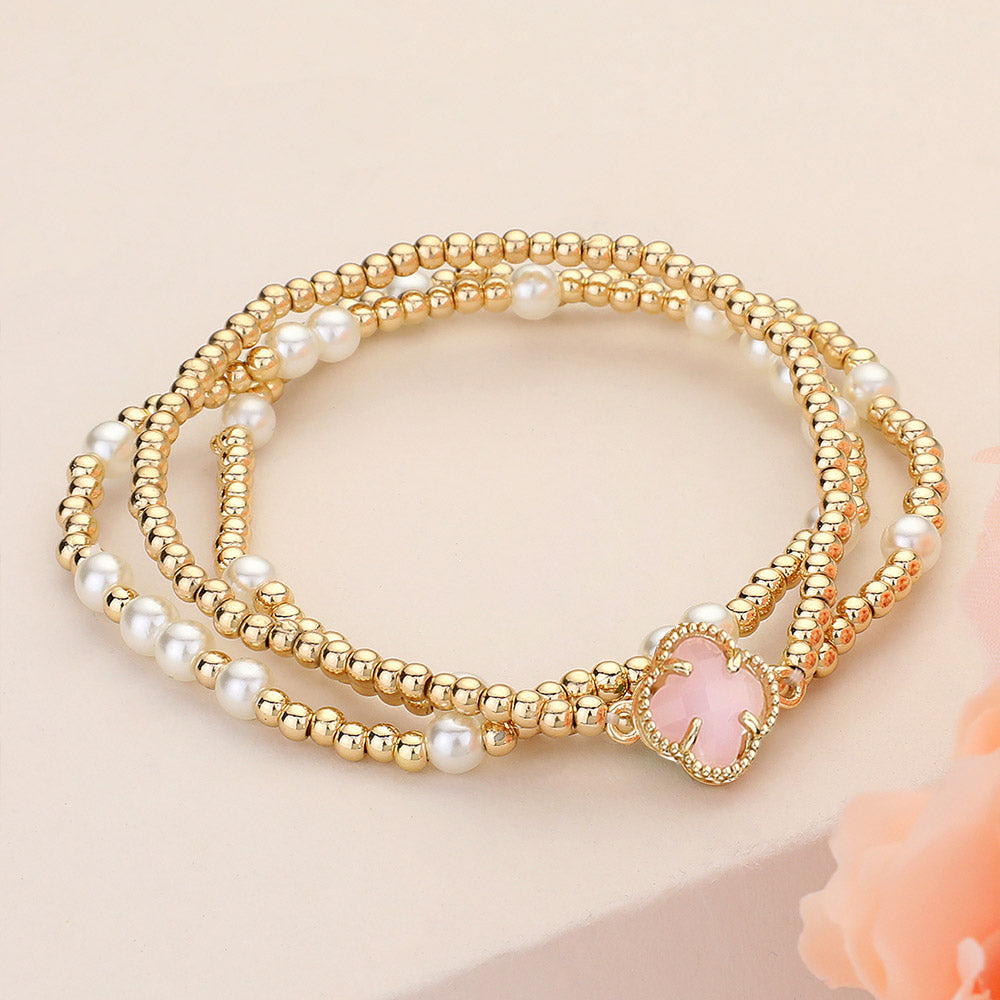 3PCS - Quatrefoil Pointed Pearl Metal Ball Beaded Stretch Multi Layered Bracelets