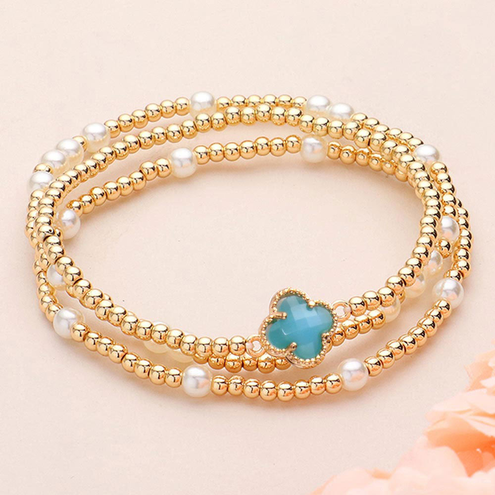3PCS - Quatrefoil Pointed Pearl Metal Ball Beaded Stretch Multi Layered Bracelets
