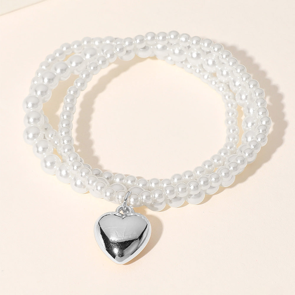 3PCS - Metal Heart Charm Pointed Pearl Beaded Stretch Multi Layered Bracelets