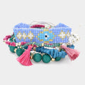 6PCS - Tassel Pointed Faceted Beaded Pearl Stretch Evil Eye Pointed Beaded Cinch Pull Tie Multi Layered Bracelets