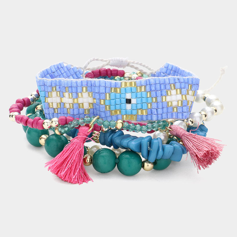 6PCS - Tassel Pointed Faceted Beaded Pearl Stretch Evil Eye Pointed Beaded Cinch Pull Tie Multi Layered Bracelets