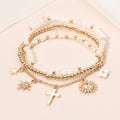 3PCS - Cross Flower Star Sunburst Charm Pearl Metal Ball Faceted Beaded Stretch Multi Layered Bracelets