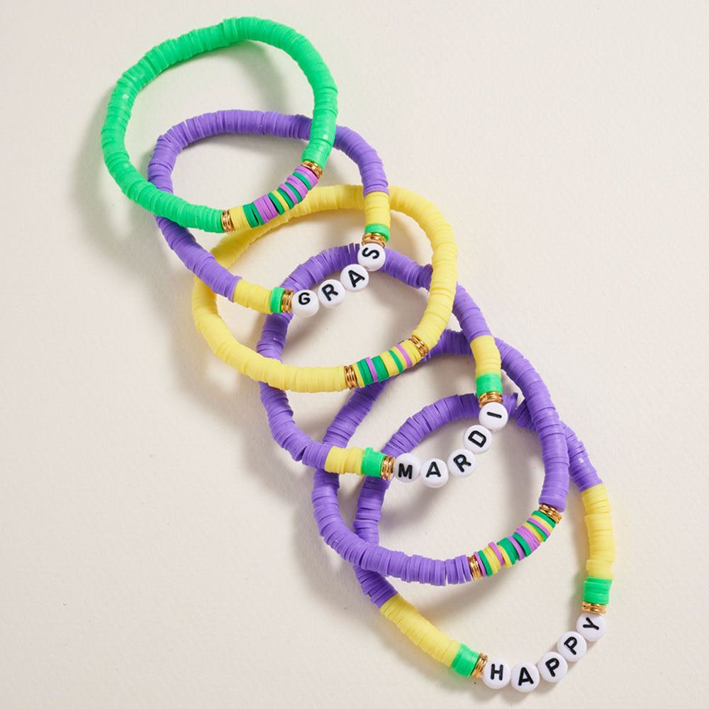 6PCS - HAPPY MARDI GRAS Message Heishi Beaded Stretch Multi Layered Bracelets