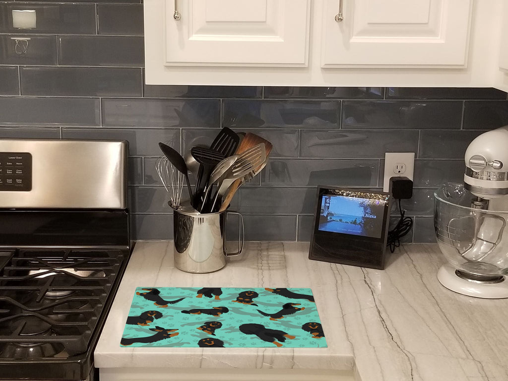 Longhaired Black Tan Dachshund Cutting Board Tempered Glass Kitchen Cutting Surface, Heat Resistant Chopping, Non-Slip Feet, Food Prep & Serving