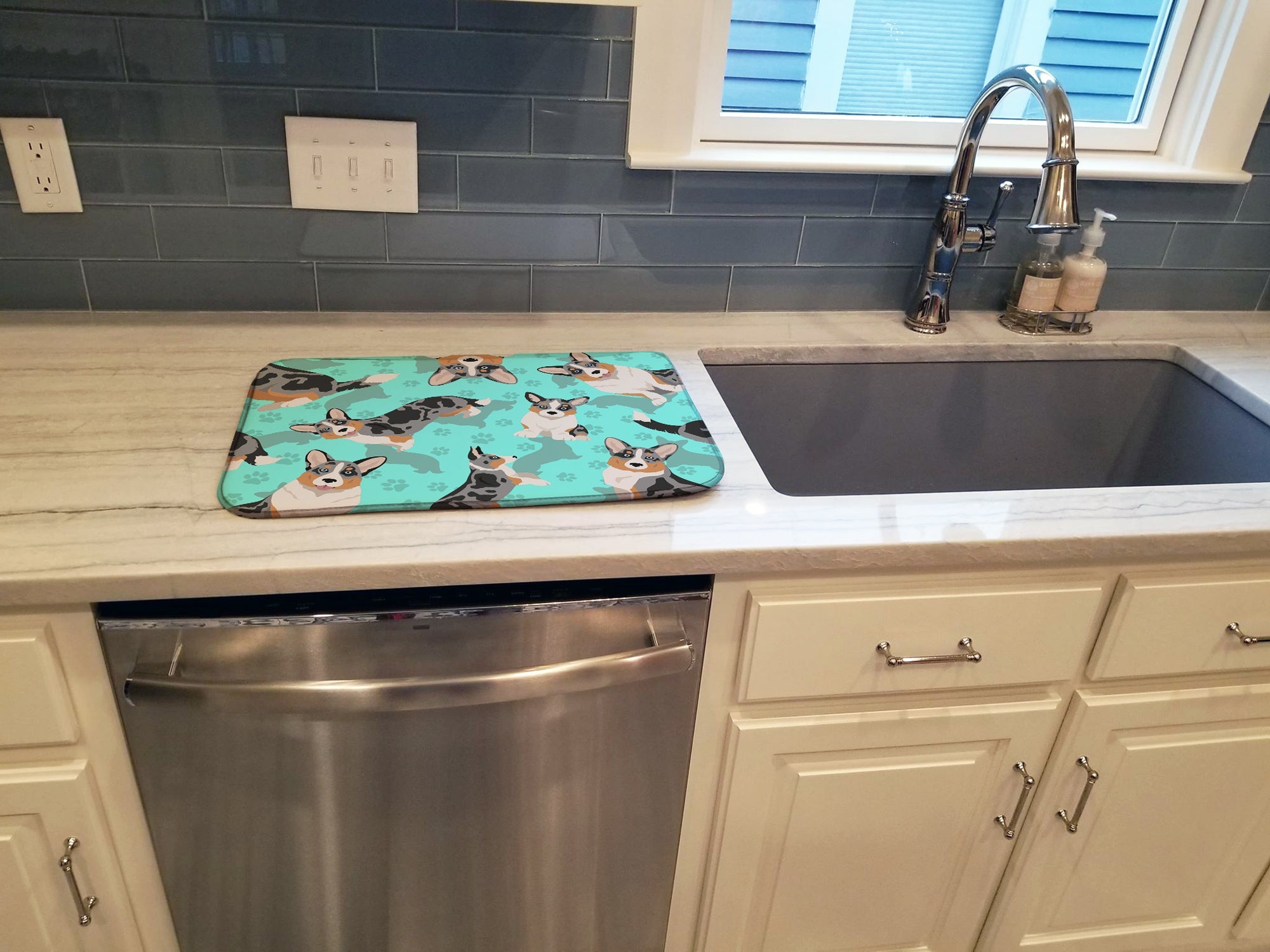 Blue Merle Welsh Cardigan Corgi Dish Drying Mat Absorbent Dish Drying Mat Pad for Kitchen Counter Dish Drainer Mat for Countertop, 14 x 21", Multicolor