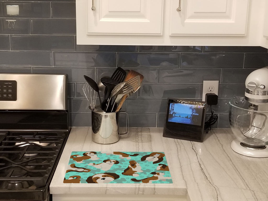 Shih Tzu Cutting Board Tempered Glass Kitchen Cutting Surface, Heat Resistant Chopping, Non-Slip Feet, Food Prep & Serving