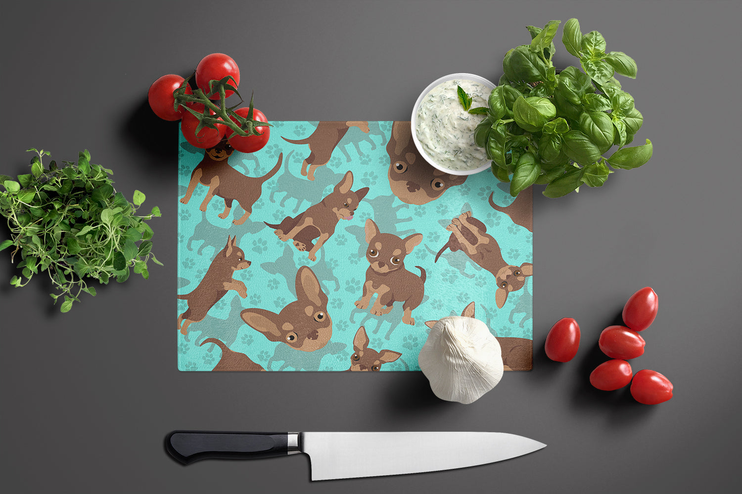 Chocolate Chihuahua Cutting Board Tempered Glass Kitchen Cutting Surface, Heat Resistant Chopping, Non-Slip Feet, Food Prep & Serving