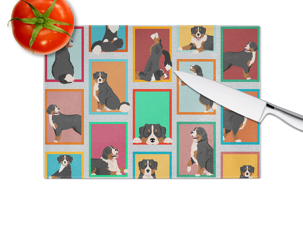 Lots of Bernese Mountain Dog Cutting Board Tempered Glass Kitchen Cutting Surface, Heat Resistant Chopping, Non-Slip Feet, Food Prep & Serving