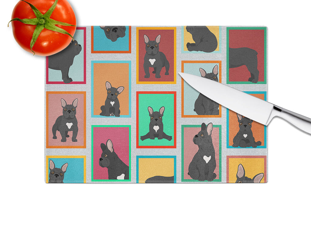 Lots of Black French Bulldog Cutting Board Tempered Glass Kitchen Cutting Surface, Heat Resistant Chopping, Non-Slip Feet, Food Prep & Serving